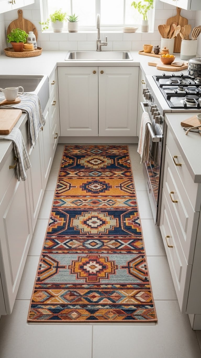 Colorful bohemian runner rug with geometric patterns defining cozy cooking zone in small apartment kitchen