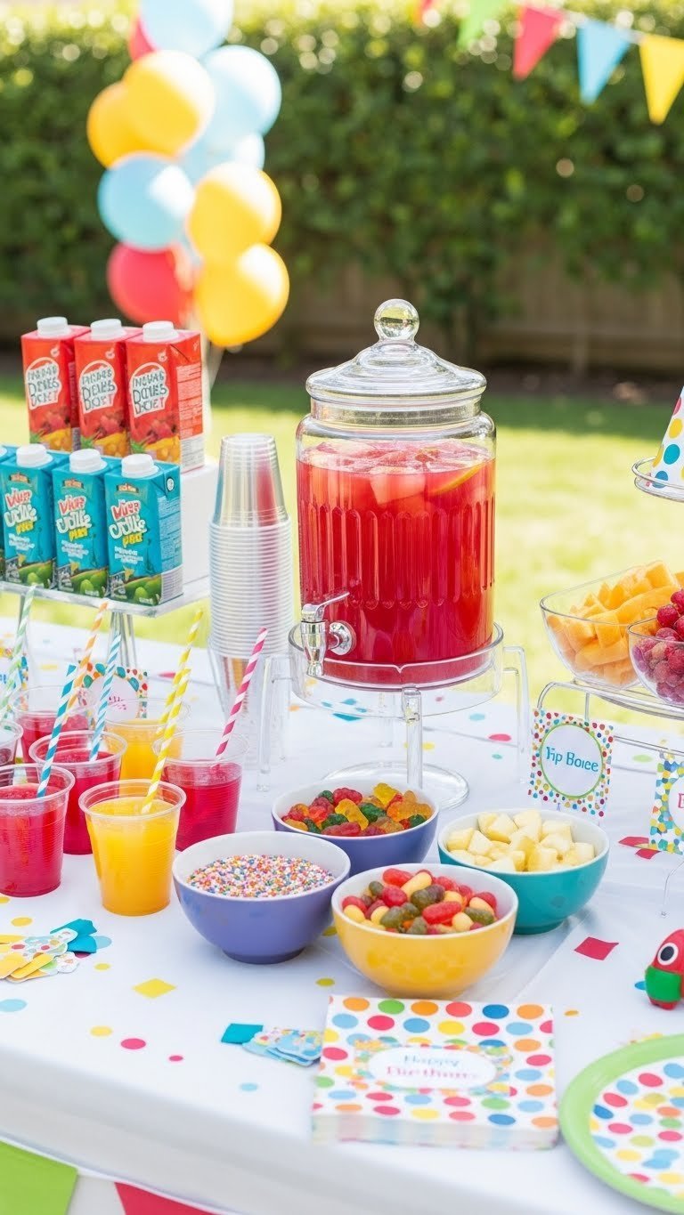 Colorful kid-friendly drink station with juice boxes, fun straws, and fruit punch dispenser on bright plastic tablecloth
