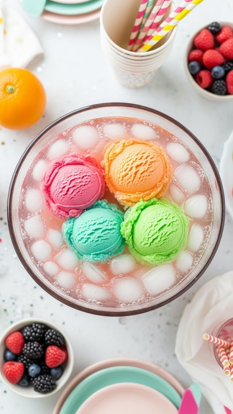Colorful rainbow sherbet swirl punch with melting scoops creating vibrant pink, green, and orange patterns in clear bowl