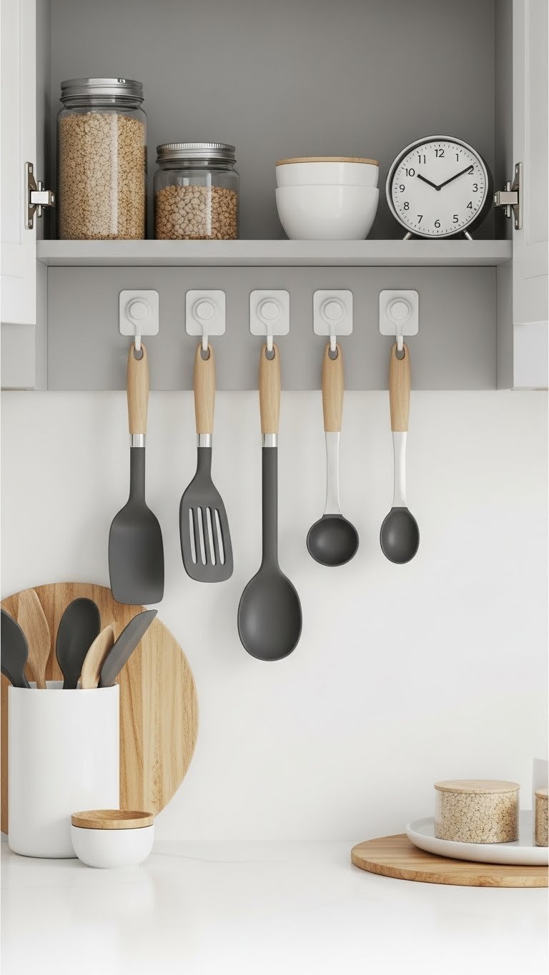 Command hooks holding kitchen utensils on a clean wall demonstrating space-saving organization solutions