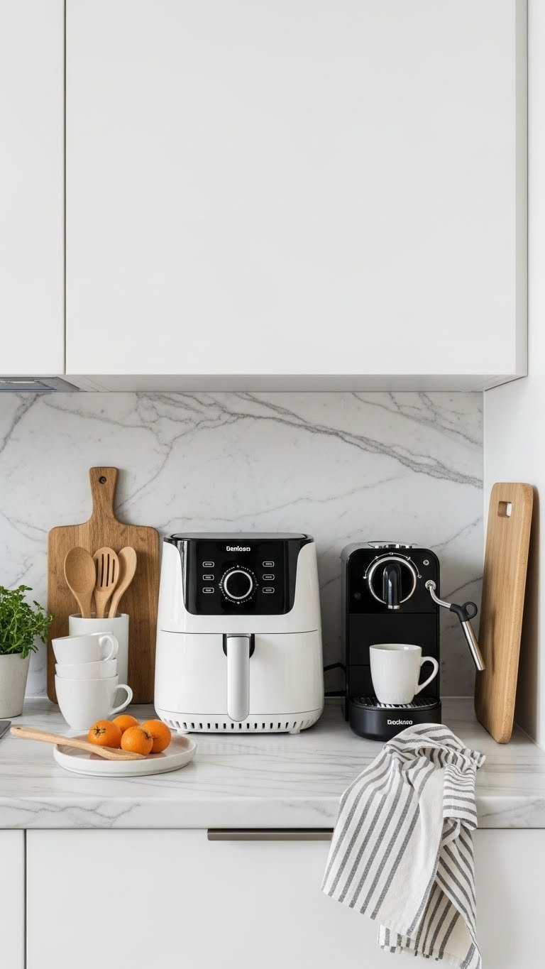 Compact air fryer positioned neatly on marble countertop with minimalist accessories in small kitchen