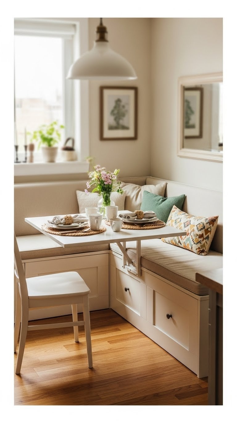 Compact apartment kitchen dining nook with foldable table and built-in banquette seating with pillows