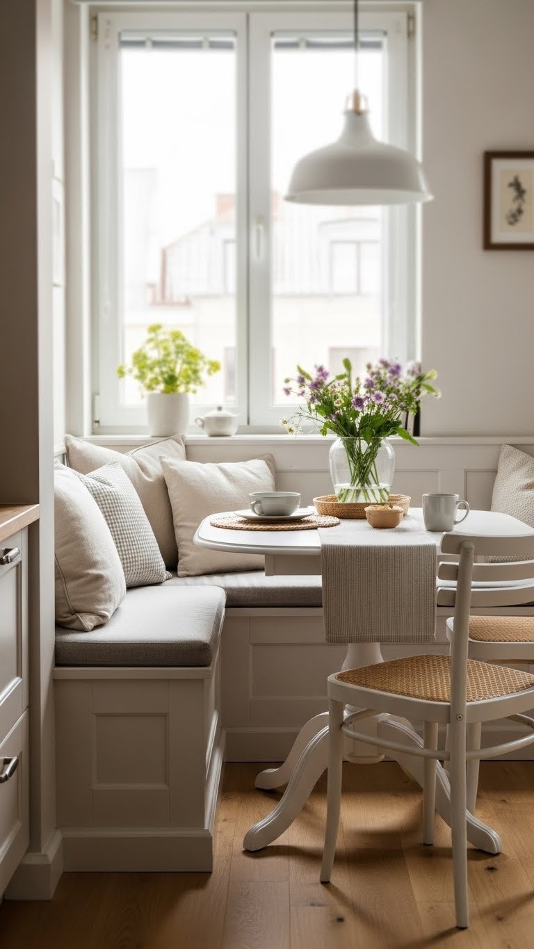 Compact apartment kitchen dining nook with upholstered bench seating, round table, and fresh flowers on wooden floor