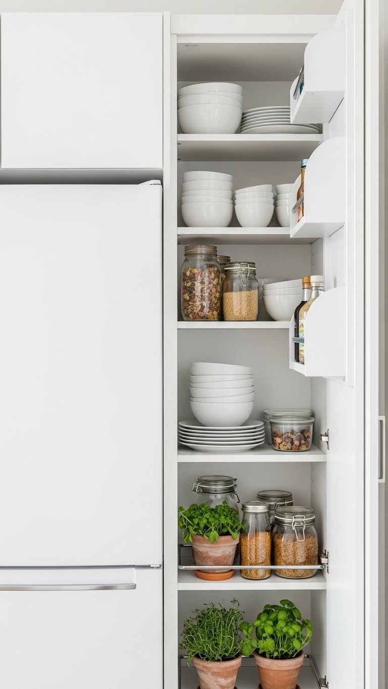 Compact apartment kitchen featuring white appliances with ingenious small-space storage solutions and open shelving