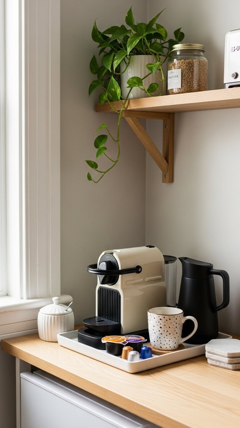 Compact coffee bar setup with minimalist coffee machine and stylish mug on a narrow console table in studio apartment