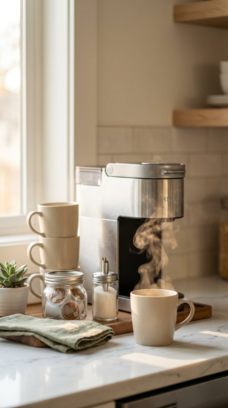Compact coffee station with single-serve coffee maker and steaming mug on light countertop in cozy kitchen.