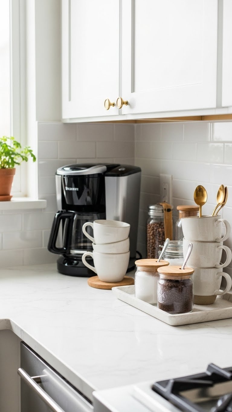 Compact coffee station with sleek coffee maker, stacked mugs and canisters on minimalist tray arrangement.