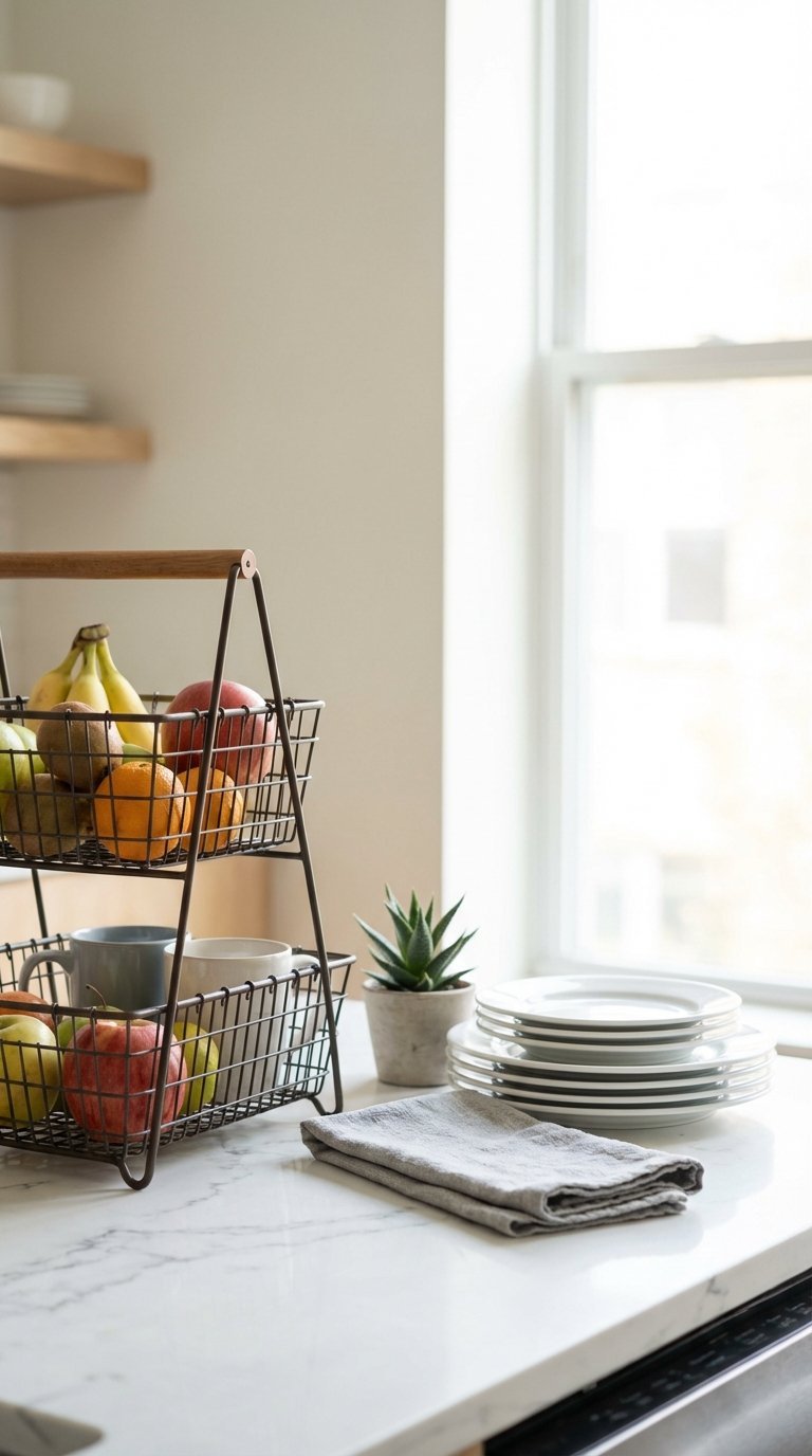 Compact college apartment kitchen counter with 3-tier metal fruit basket and adjustable drying rack on marble surface in minimalist setting