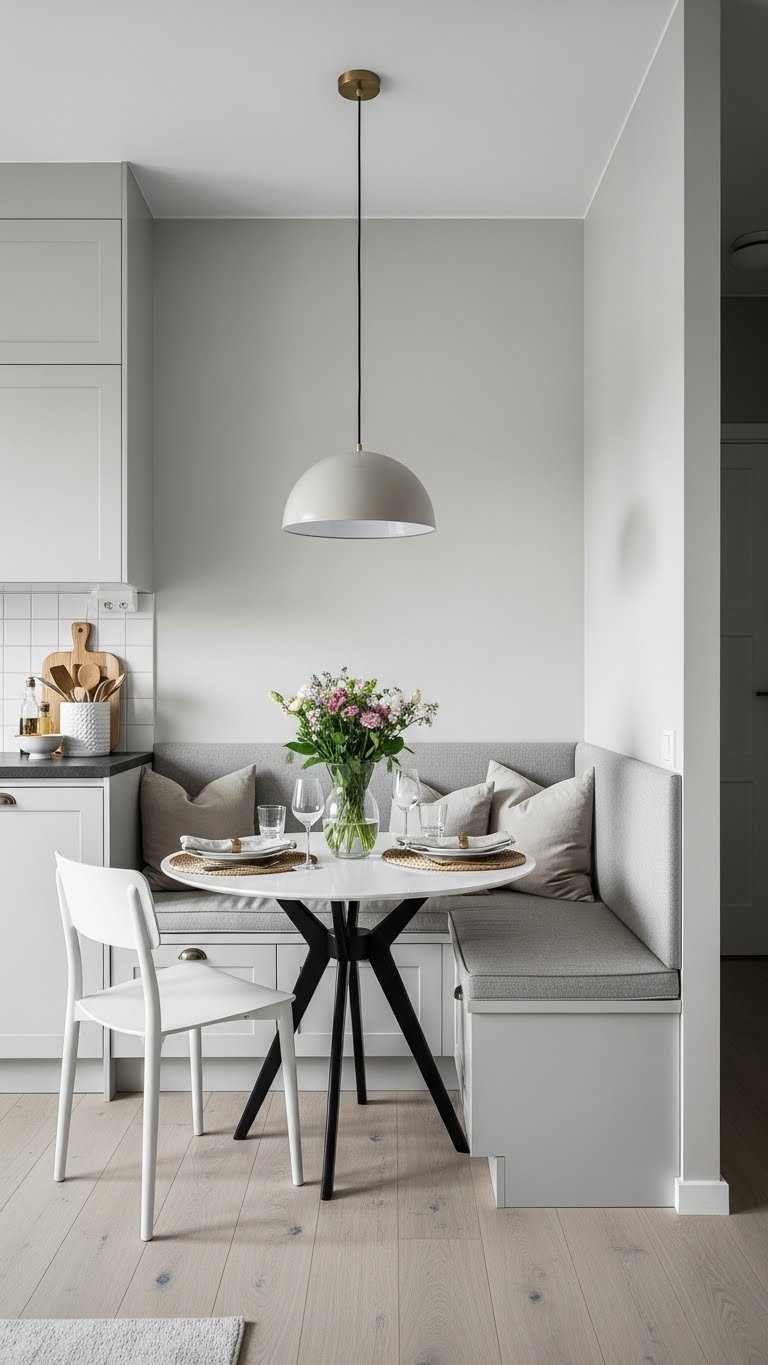 Compact dining nook with built-in banquette and round table integrated into corner of open-concept apartment.