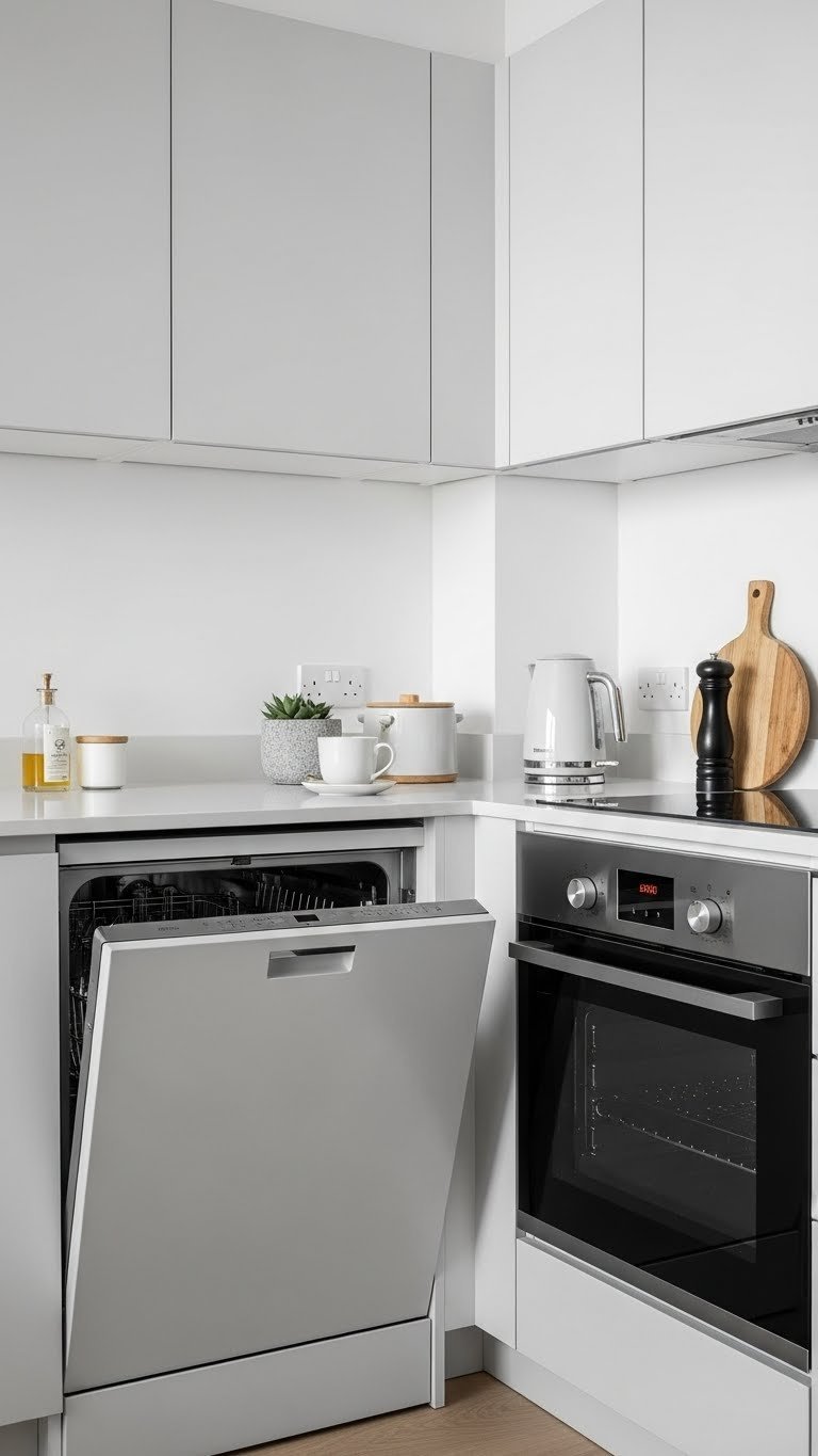 Compact energy-efficient kitchen with slimline dishwasher, induction hob, and integrated convection oven