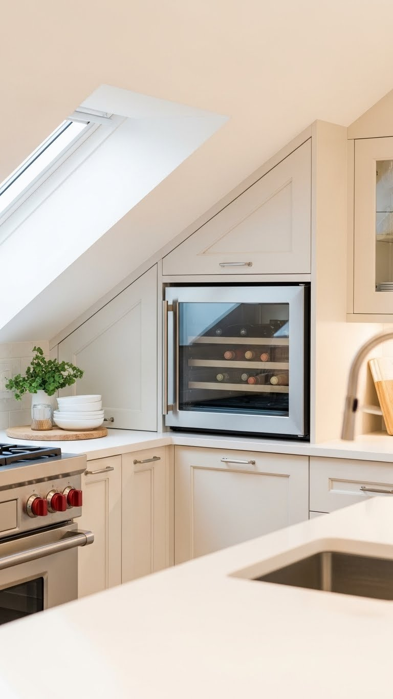 11 Genius Attic Kitchen Ideas For Slanted Ceilings 3 Compact integrated appliance nestled perfectly into awkward angled corner beneath slanted attic ceiling in minimalist white kitchen