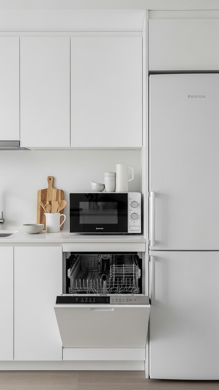 Compact kitchen appliances seamlessly integrated into galley kitchen cabinetry design