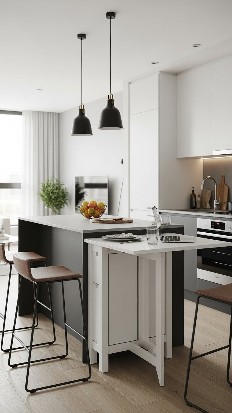 Compact kitchen island with integrated dining table and bar stools in an open floor plan apartment kitchen
