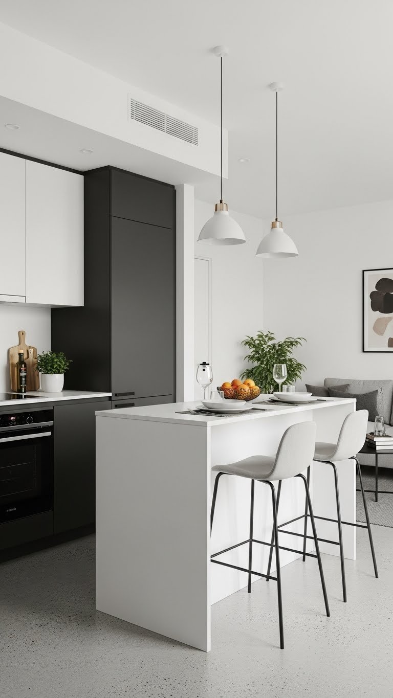 Compact kitchen island with modern bar stools serving as breakfast bar in small apartment open-plan living space