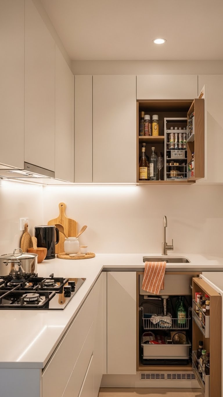Compact modular Indian apartment kitchen with sleek white countertops and hidden storage solutions in warm cream tones