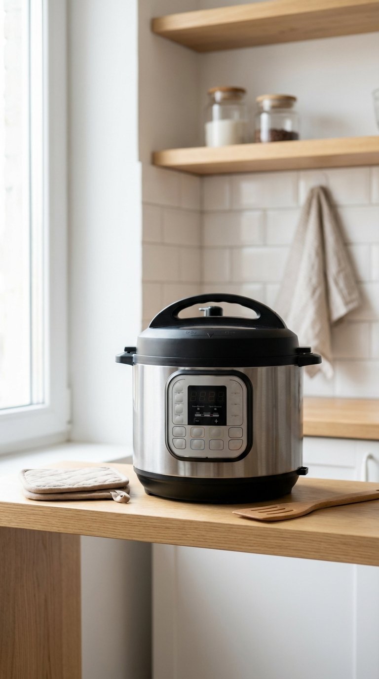 Compact multifunctional appliance neatly placed on countertop demonstrating space-saving utility in a modern small kitchen.