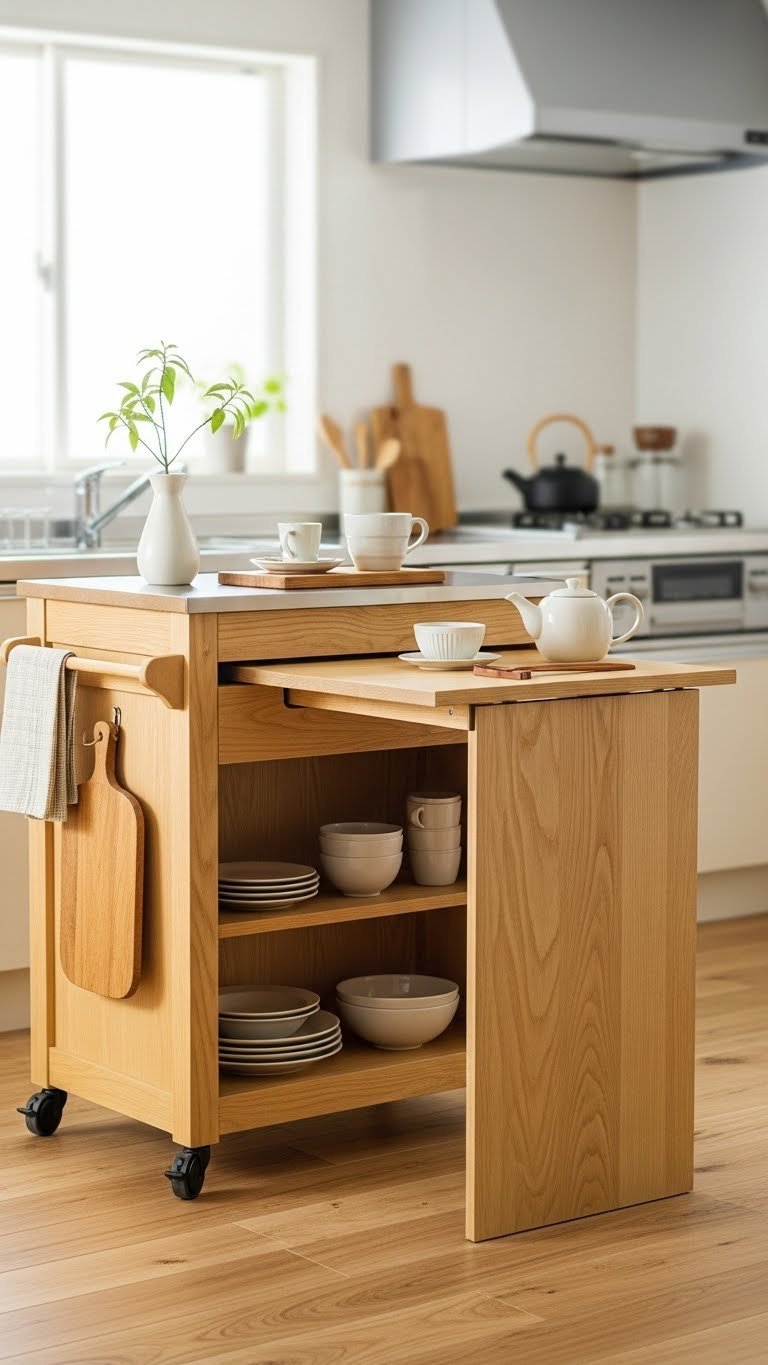 Compact natural wood kitchen island on wheels with stainless steel countertop and built-in drawers in Japanese apartment