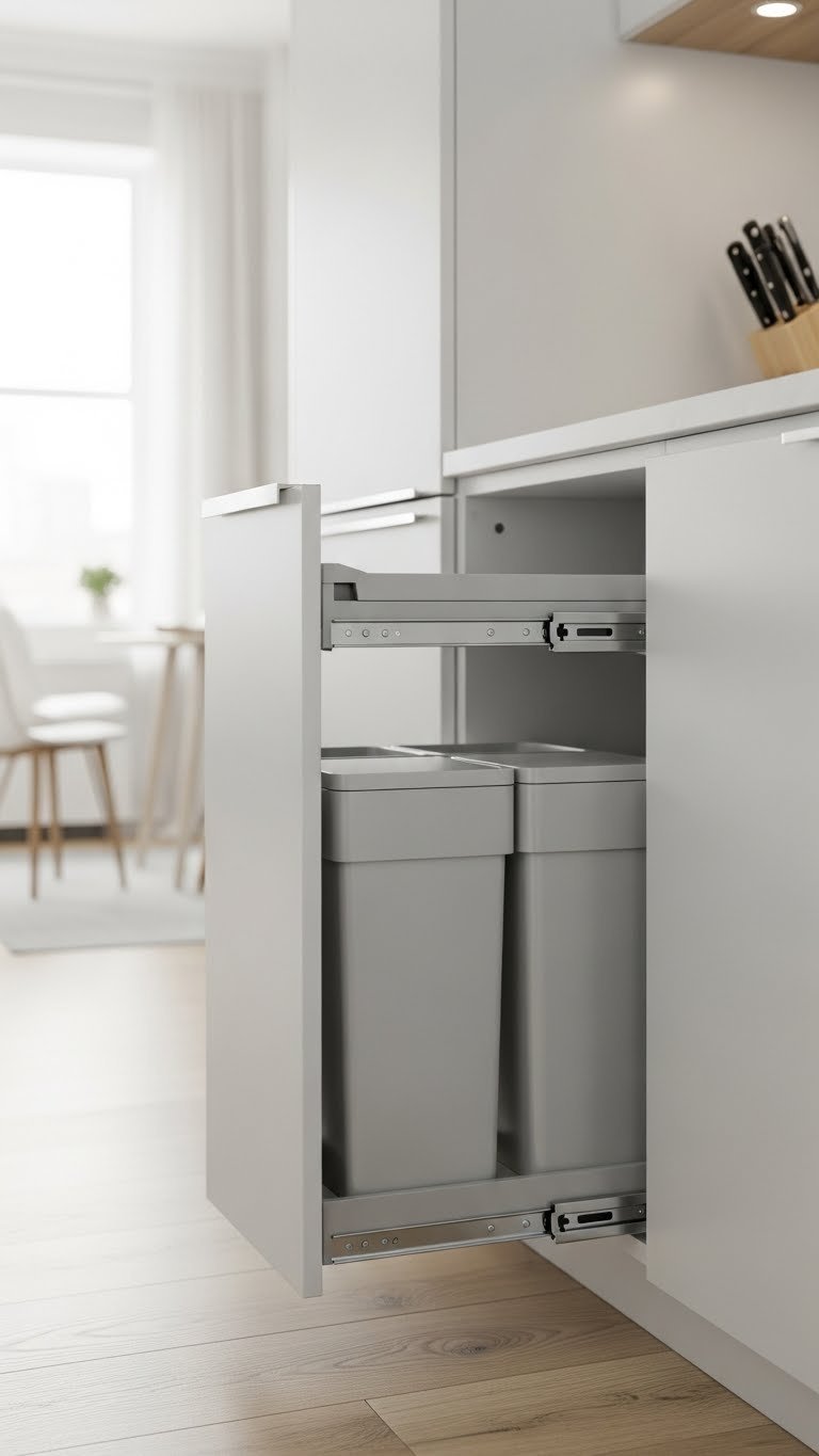 Compact pull-out trash and recycling bin system discreetly integrated in NYC apartment kitchen cabinet