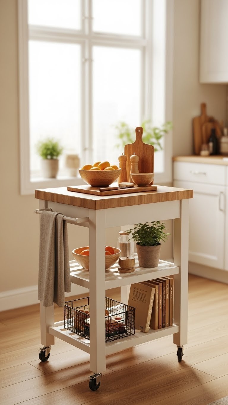 Compact rolling kitchen cart with butcher block top, fruit bowl, cutting board, and organized storage baskets