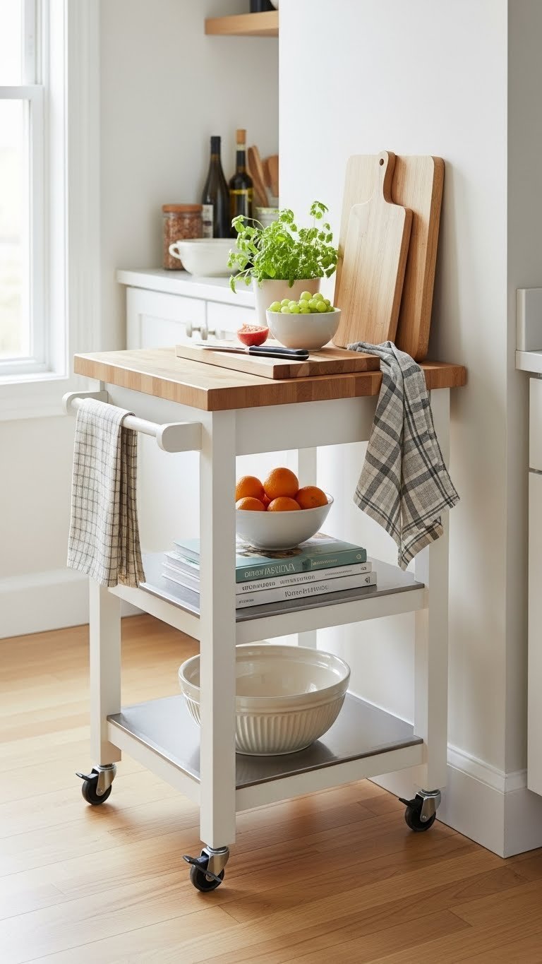 Compact rolling kitchen cart with butcher block top holding cookbooks and fruit bowl in tight kitchen space