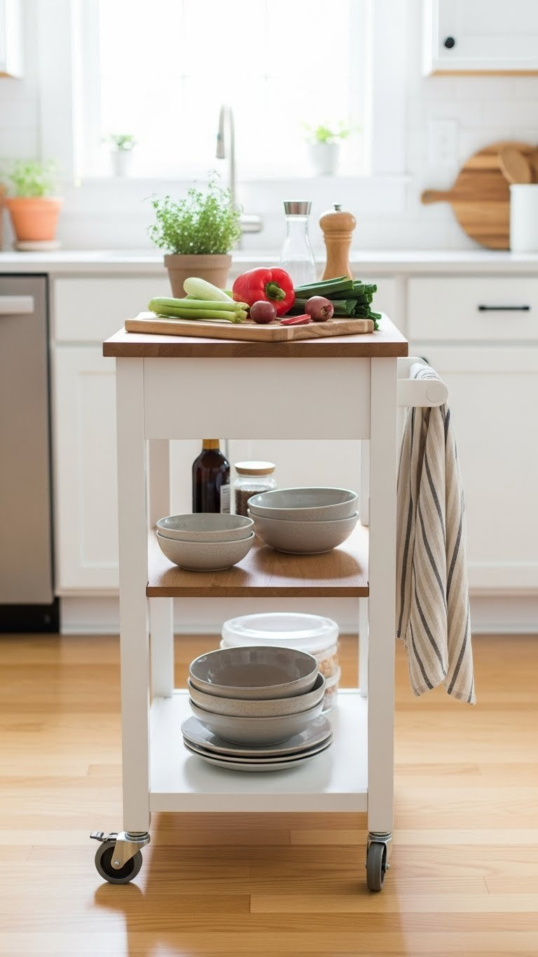 Compact rolling kitchen island loaded with cutting board and fresh produce positioned in narrow galley kitchen aisle