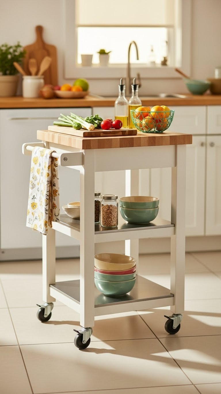 Compact rolling kitchen island with butcher block top displaying fresh vegetables and colorful bowls in a cozy studio apartment