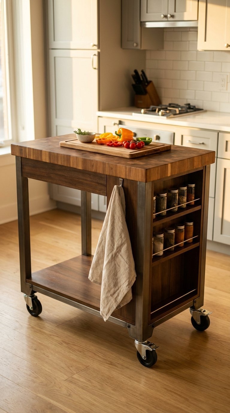 Compact rolling kitchen island with butcher block top featuring fresh vegetables and cutting board in golden hour lighting