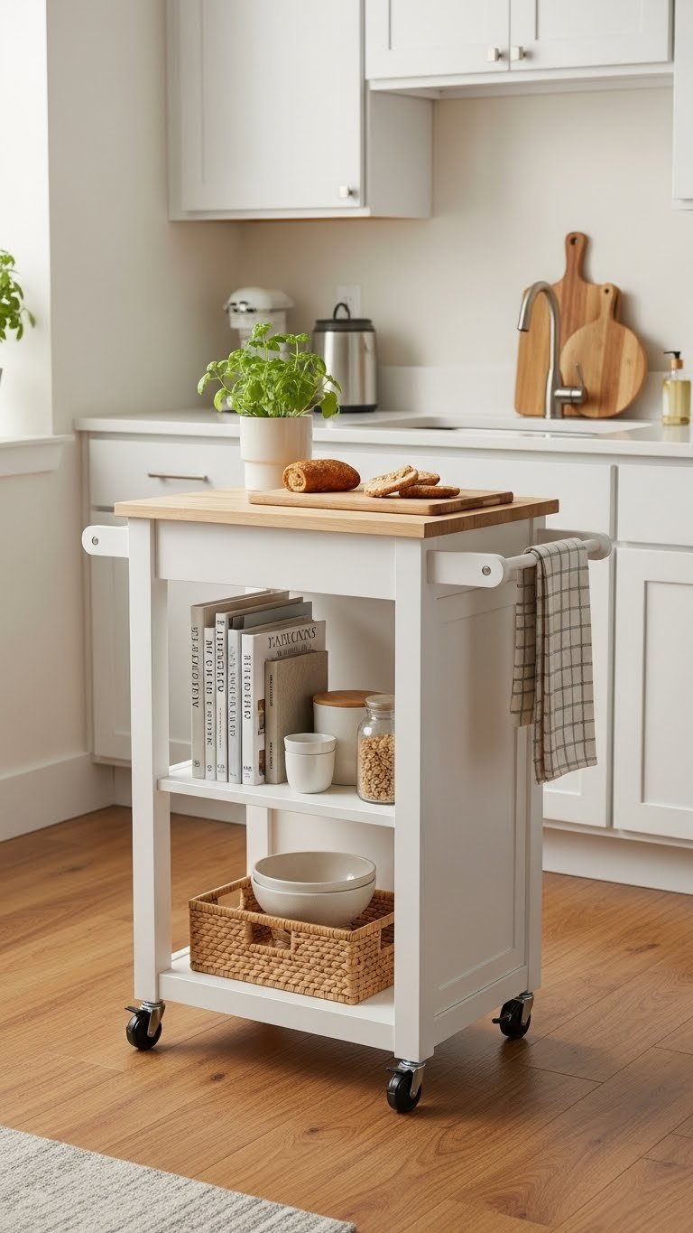 White Kitchen Cabinets: 9 Proven Apartment Ideas For Space 5 Compact wheeled white kitchen island cart with cutting board surface and storage in small apartment kitchen setting.