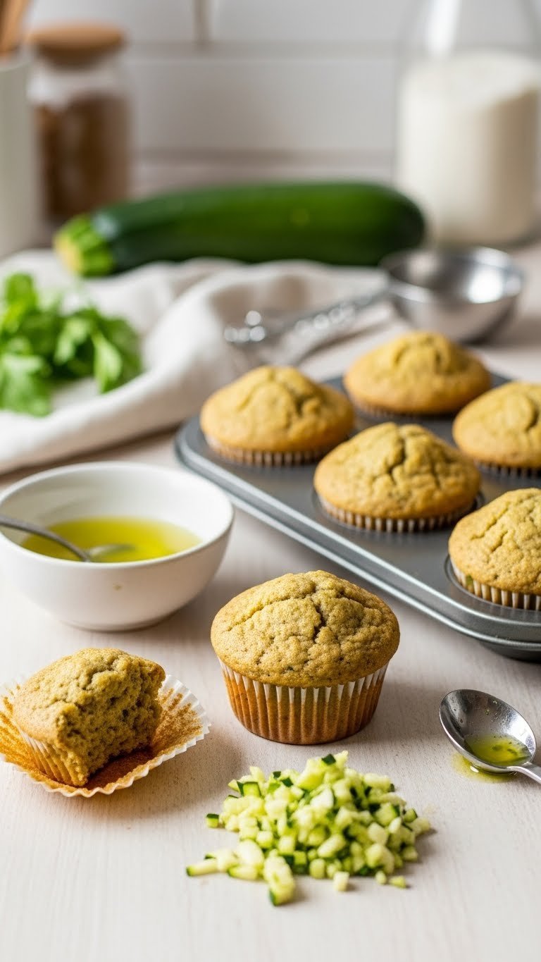 Comparison of perfect and problematic zucchini muffins showing baking outcomes with instructional kitchen setup