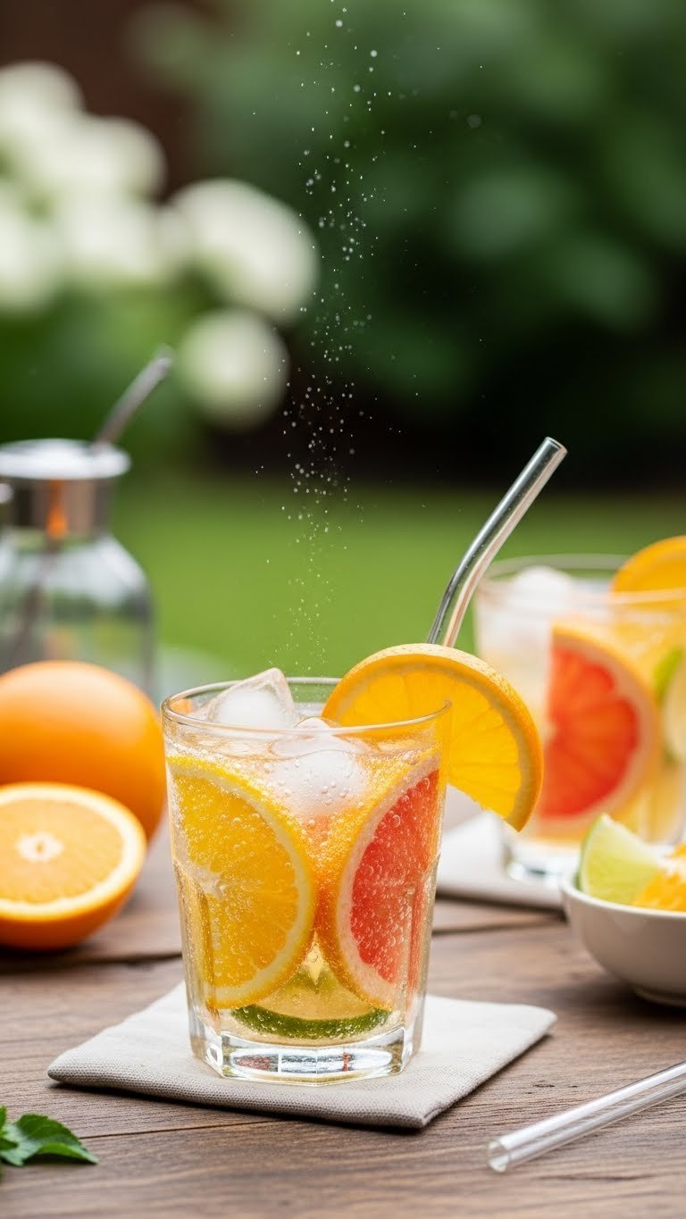 Condensation-beaded glass tumbler with sparkling citrus refresher featuring orange grapefruit lime slices