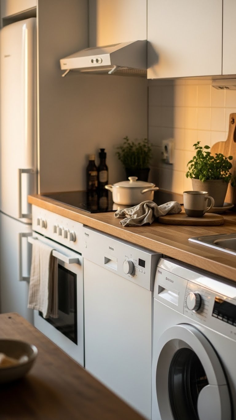 Contemporary kitchen featuring white appliances contrasting with rich natural wood cabinetry and warm butcher block countertops
