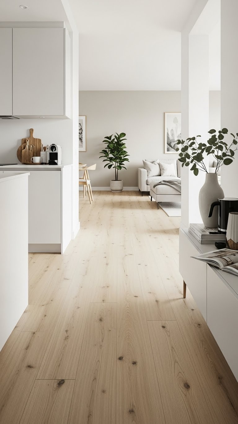 Continuous light-colored hardwood floor flowing from modern kitchen to minimalist living area in open-concept apartment.