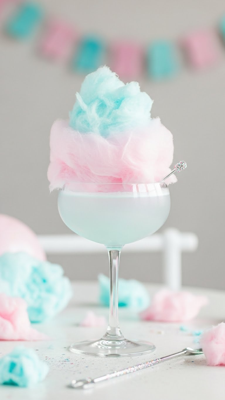 Cotton candy topped cocktail in coupe glass on white bar cart with edible glitter