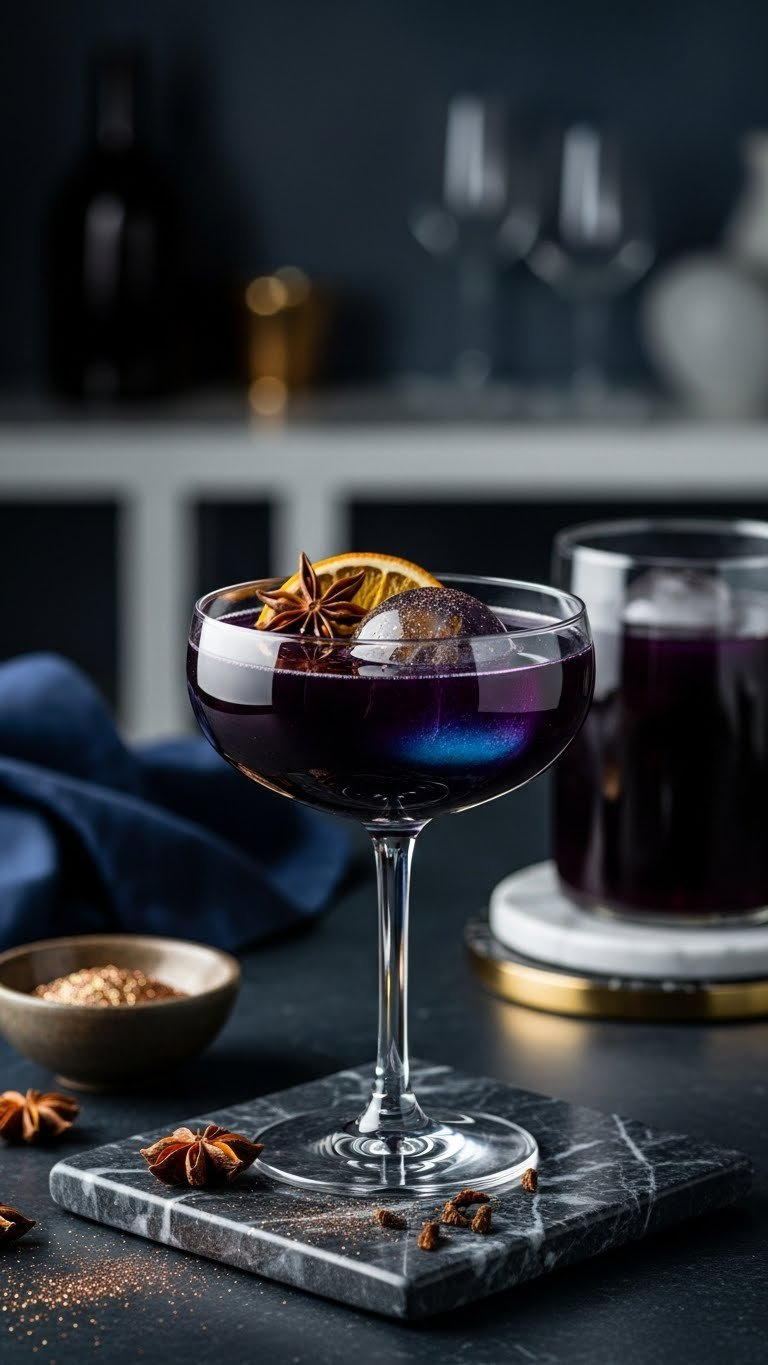 Coupe glass with shimmering midnight blue mocktail featuring crystal clear ice cube and star anise garnish on dark marble slab