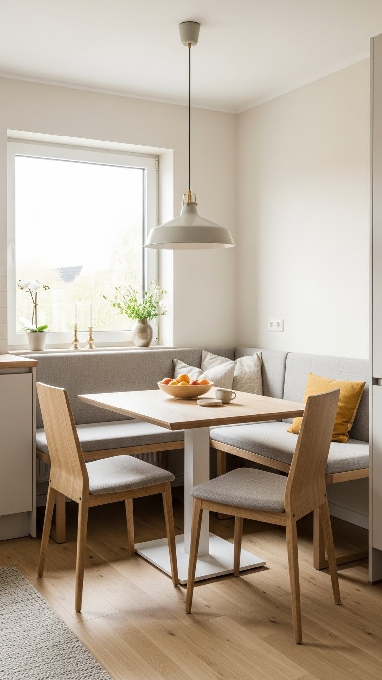Cozy L-shaped banquette bench seating area with dining table in bright apartment kitchen corner