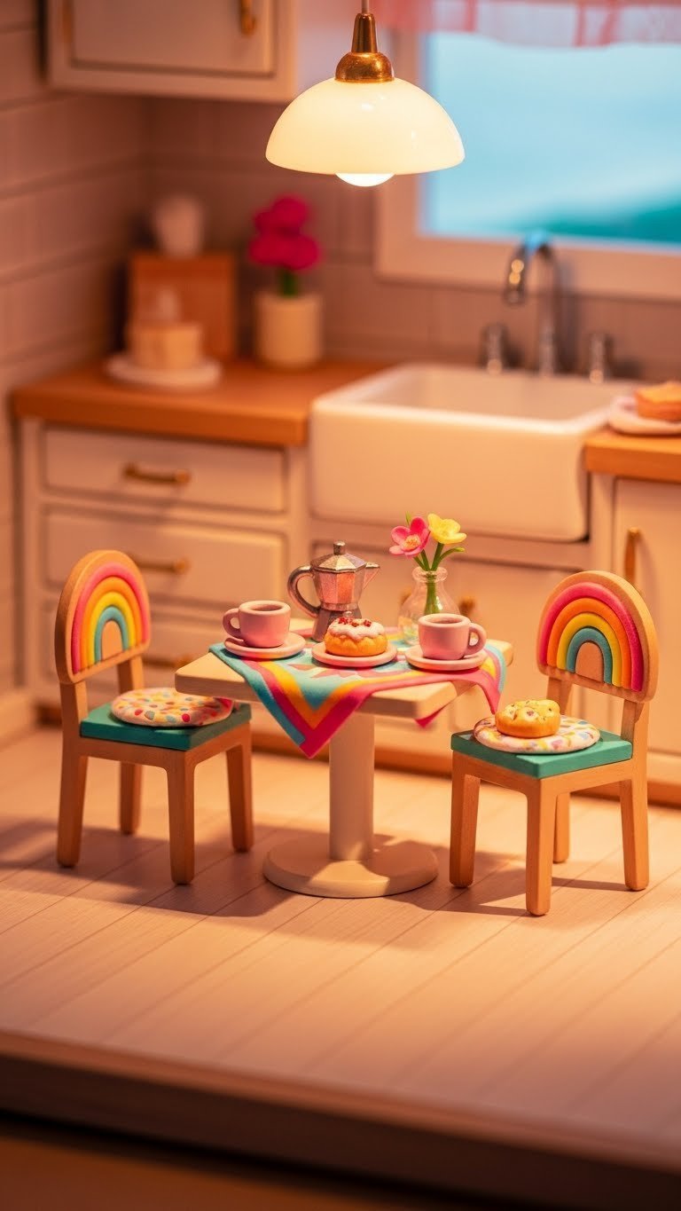 Cozy Toca Boca kitchen cafe nook featuring bright neon rainbow table setting with miniature coffee cups and warm golden hour lighting.