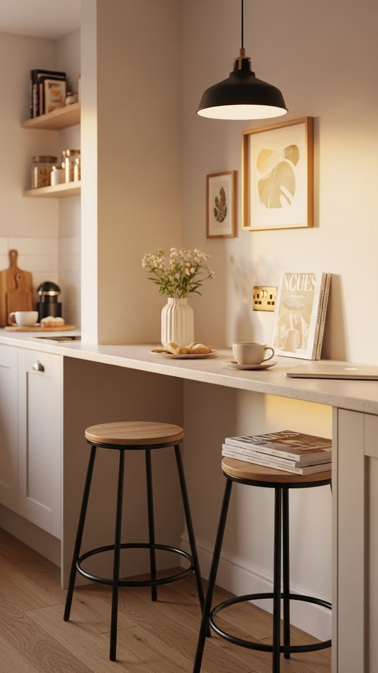 Cozy UK apartment breakfast bar with stylish stools and light wood surface showcasing multifunctional dining workspace