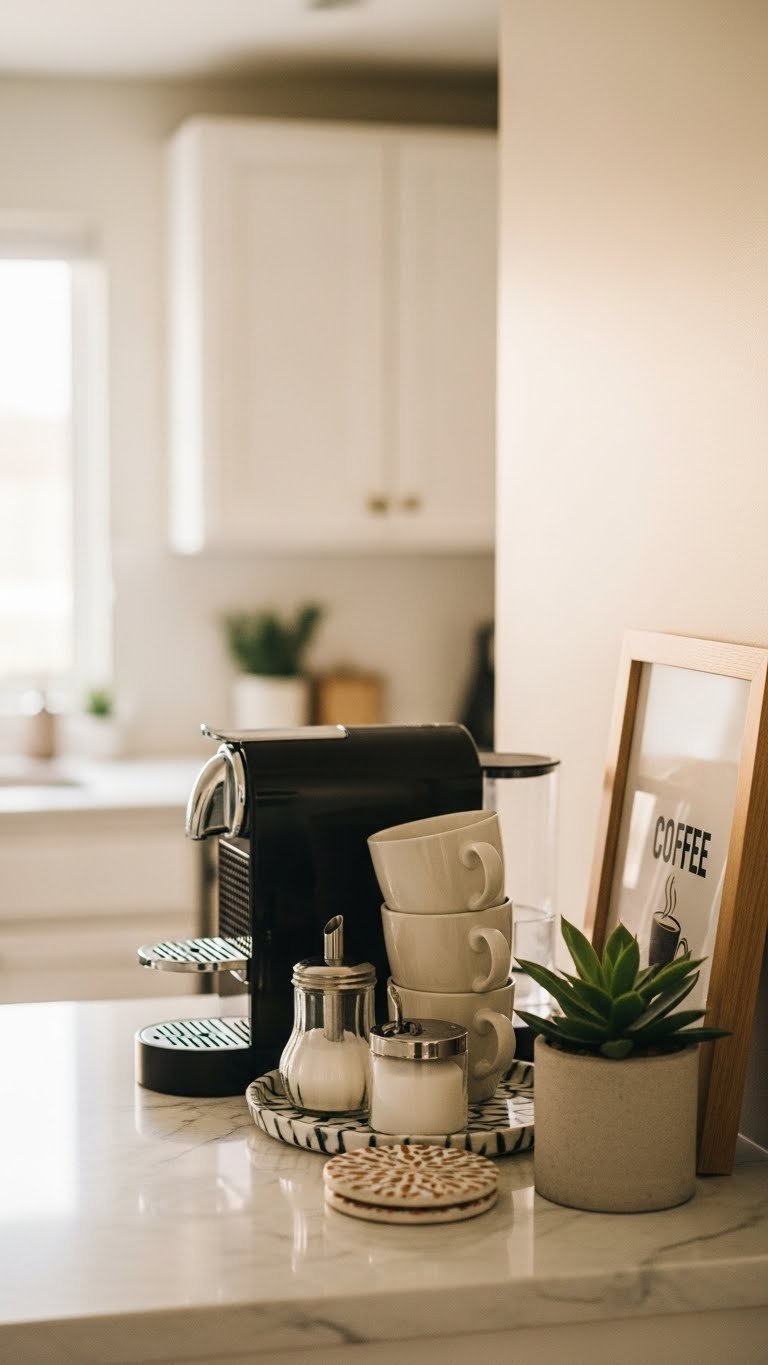 Cozy apartment kitchen coffee nook with sleek coffee machine, stacked mugs, and decorative tray on marble countertop