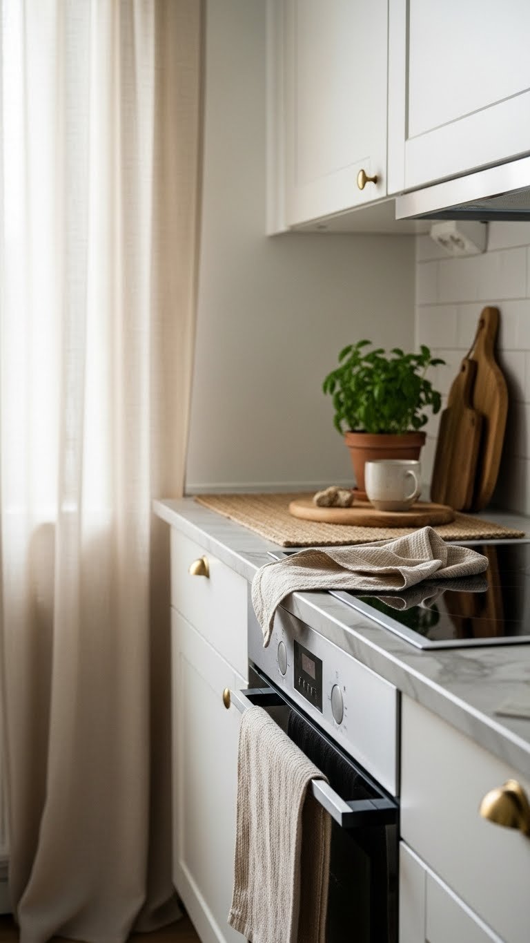 Cozy apartment kitchen counter with textured runner, plush towel draped on oven handle, and soft linen curtains framing window