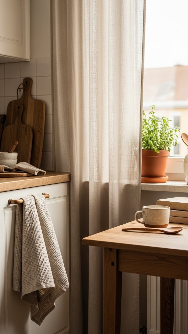 Cozy beige kitchen with linen curtains, terracotta pot, and natural wood cutting board