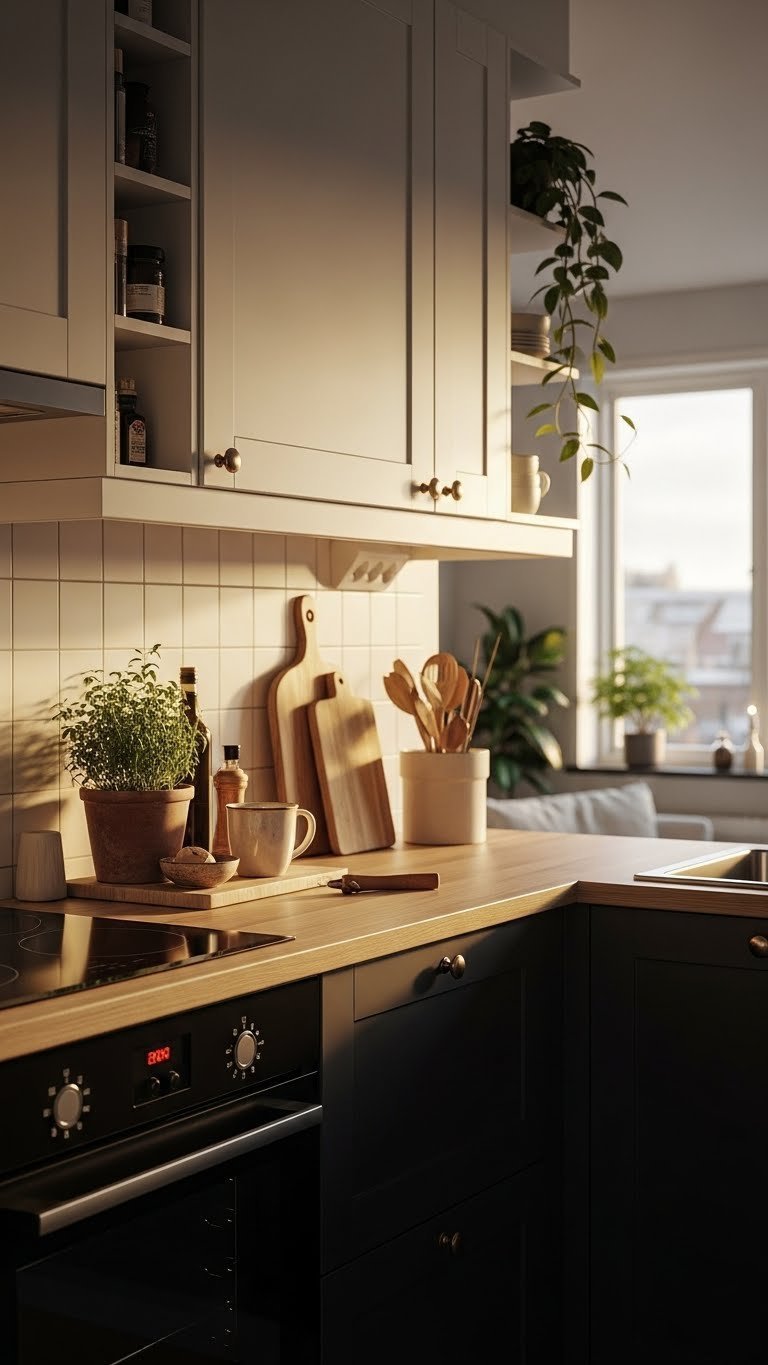 Cozy black and white kitchen with dark lower cabinets, light uppers, warm wood accents, and golden hour lighting featuring herbs and ceramic mug