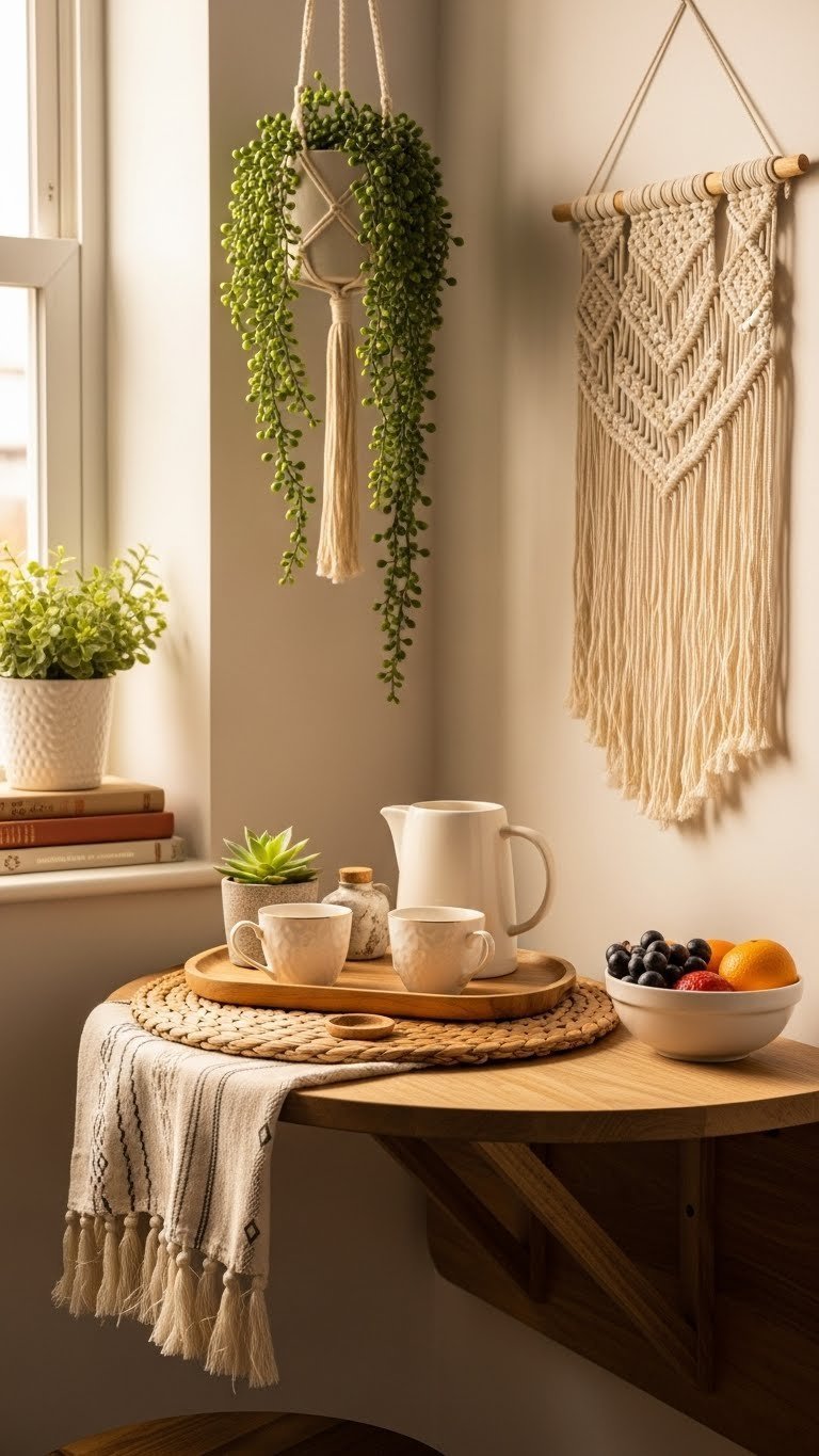 Cozy bohemian coffee nook with wooden table, ceramic set, and macrame wall hanging in apartment kitchen