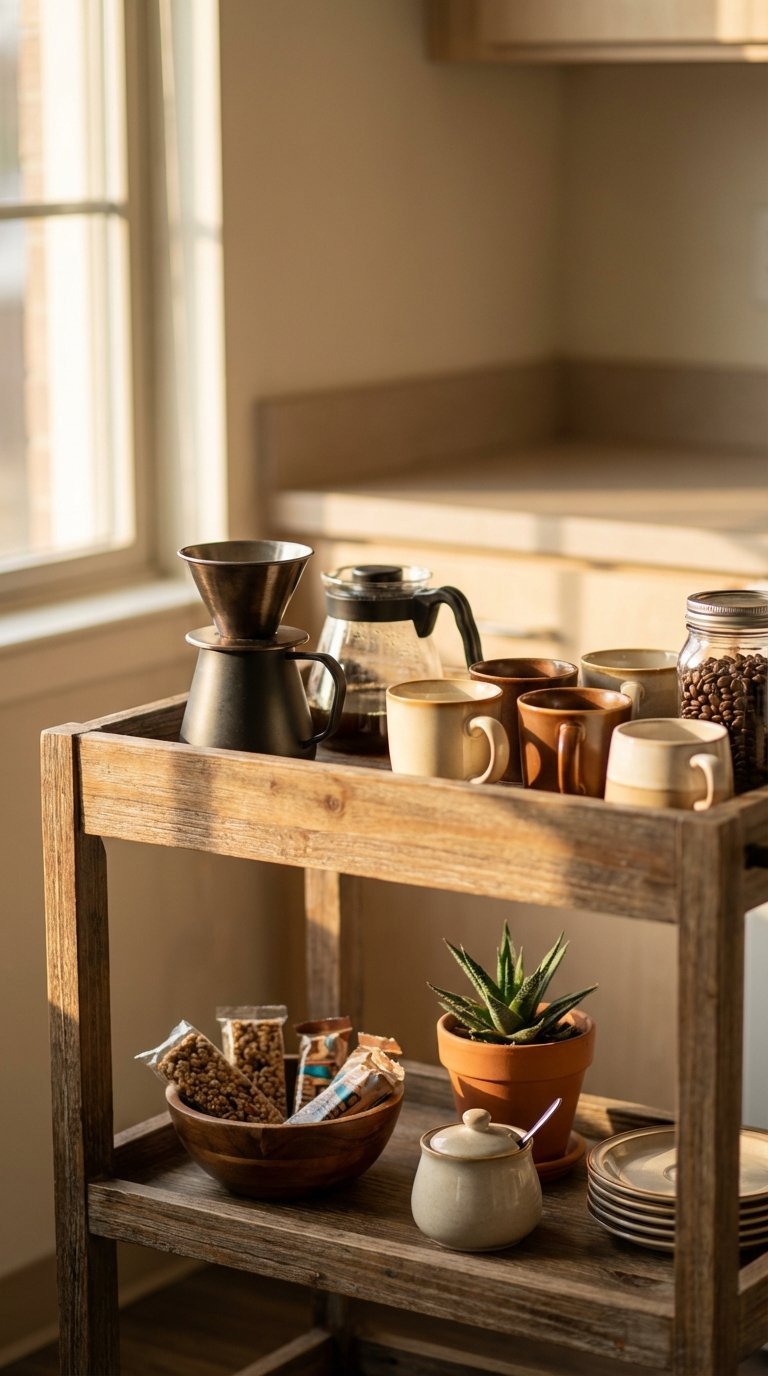 Cozy coffee bar setup with mini coffee maker and stylish mugs on rustic wooden table in warm golden hour lighting