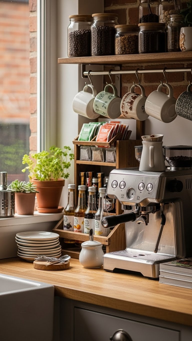 Cozy home coffee and tea bar featuring sleek coffee machine, ceramic mugs, and organized containers on rustic wooden kitchen countertop