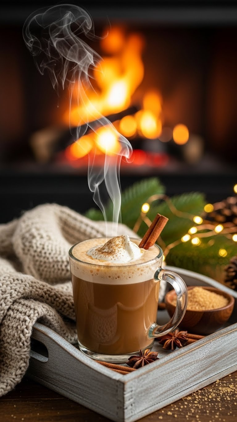 Cozy hot buttered rum in transparent glass mug with cinnamon stick and melting whipped cream