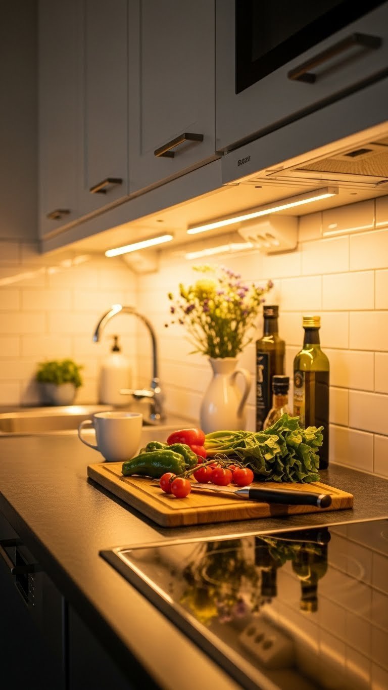 Cozy kitchen counter illuminated by warm under-cabinet LED lighting with cutting board and fresh produce