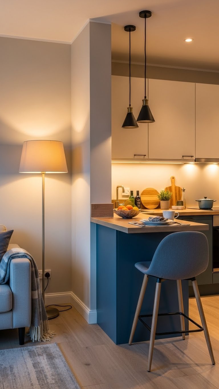 Cozy living area with floor lamp transitioning to kitchen pendant lighting in golden hour illumination