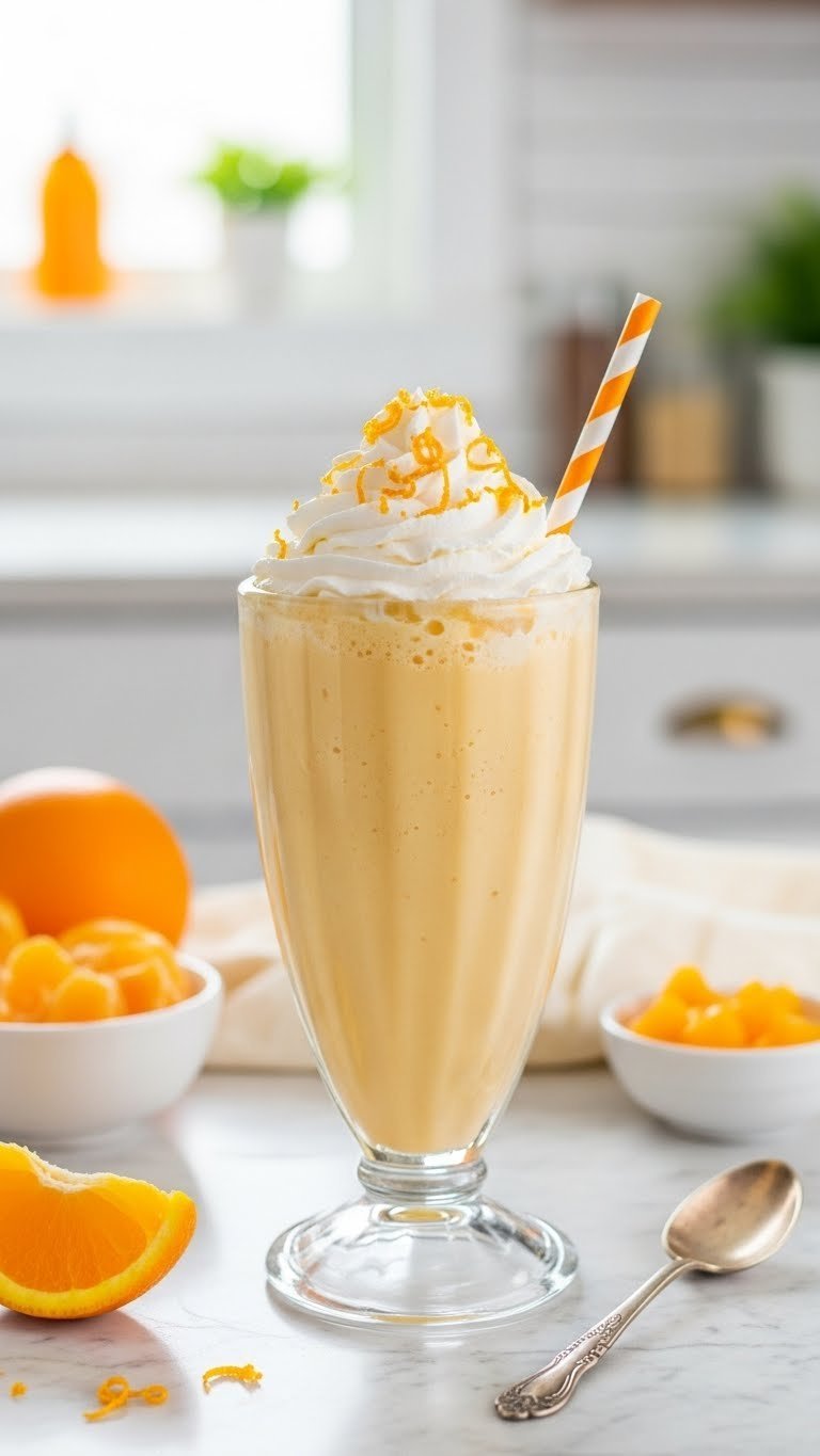 Creamy Orange Creamsicle Smoothie with velvety orange texture topped with whipped cream and orange zest in milkshake glass.