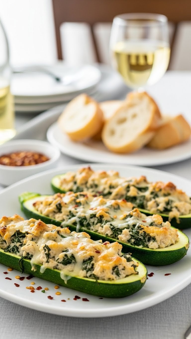 Creamy chicken and spinach zucchini boats baked to golden perfection on white ceramic platter with red pepper flakes garnish