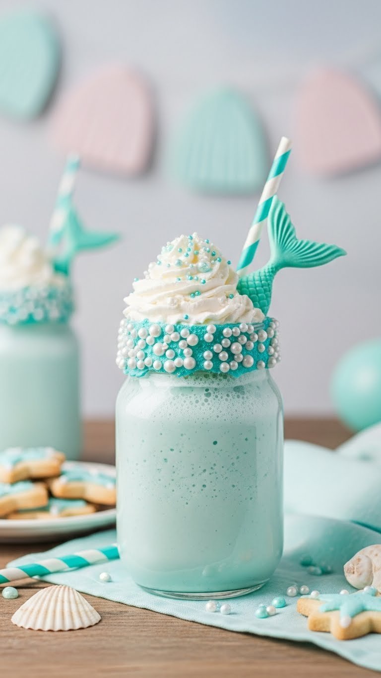 Creamy coconut mermaid shake in mason jar with whipped cream and pearl sprinkles on rustic wooden table